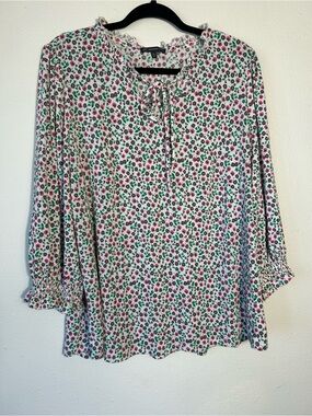 Adrianna Papell 2X Blouse Ditsy Floral Smocked Cuff Keyhole Tie Ruffle Neck Top